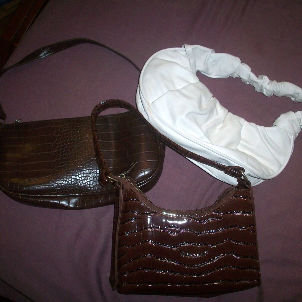 Shoulder Bag Purse Bundle Lot Of 3 Brown Faux Leather Small Zippered 9" Strap